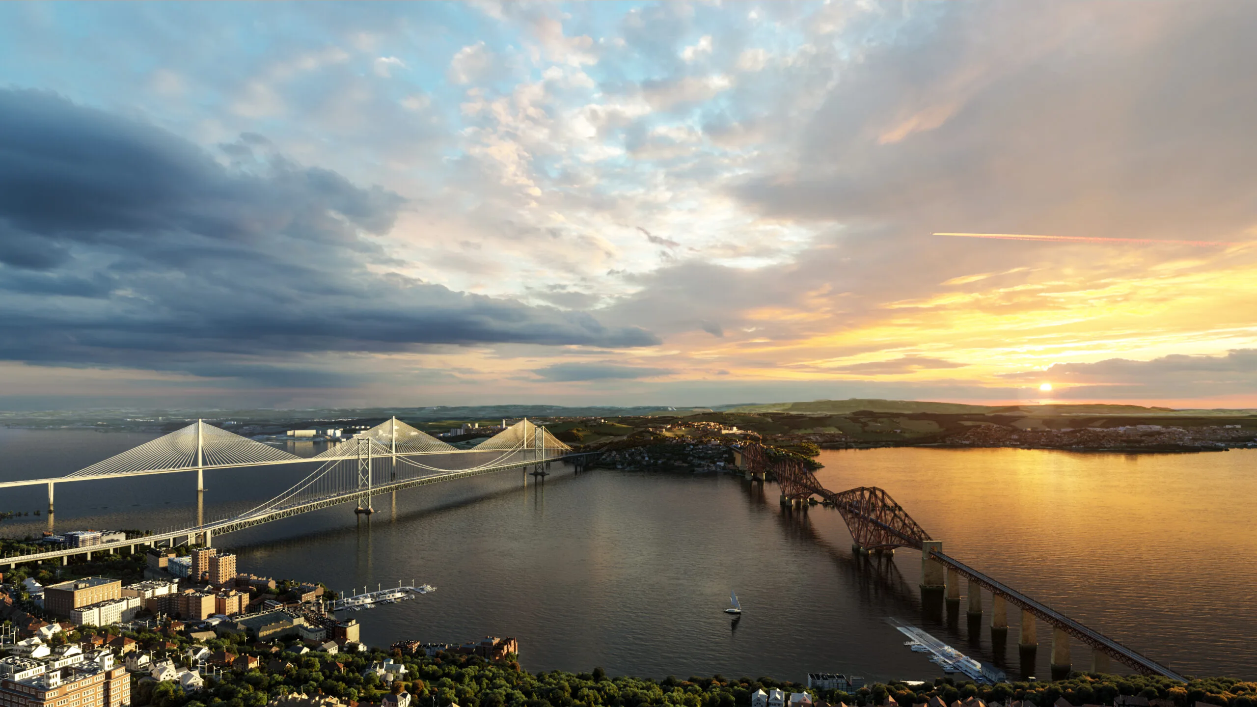 View of the three Queensferry crossings, including the iconic Forth Bridge, Forth Road Bridge, and the new Queensferry Crossing