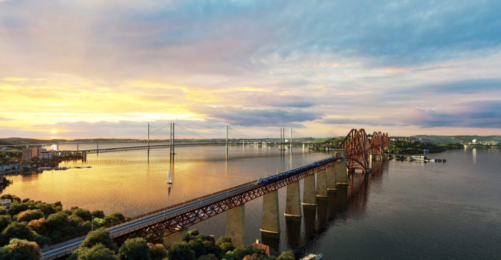 Historic Queensferry Crossing Old Bridge spanning the Firth of Forth with scenic surroundings.