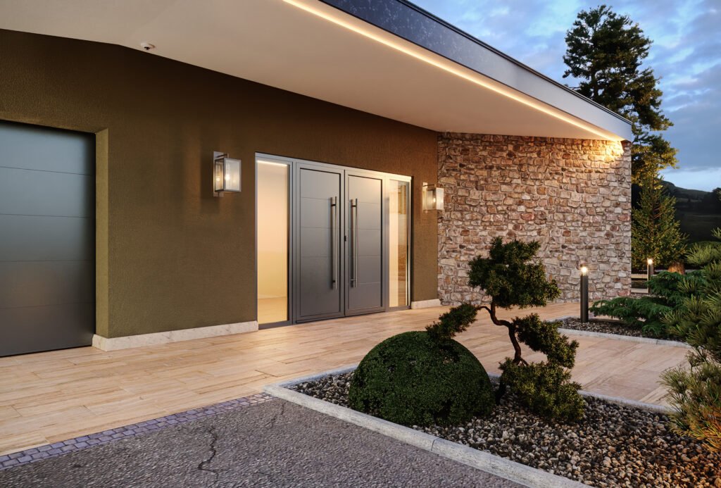 Elegant modern country house surrounded by lush greenery and landscaped gardens.