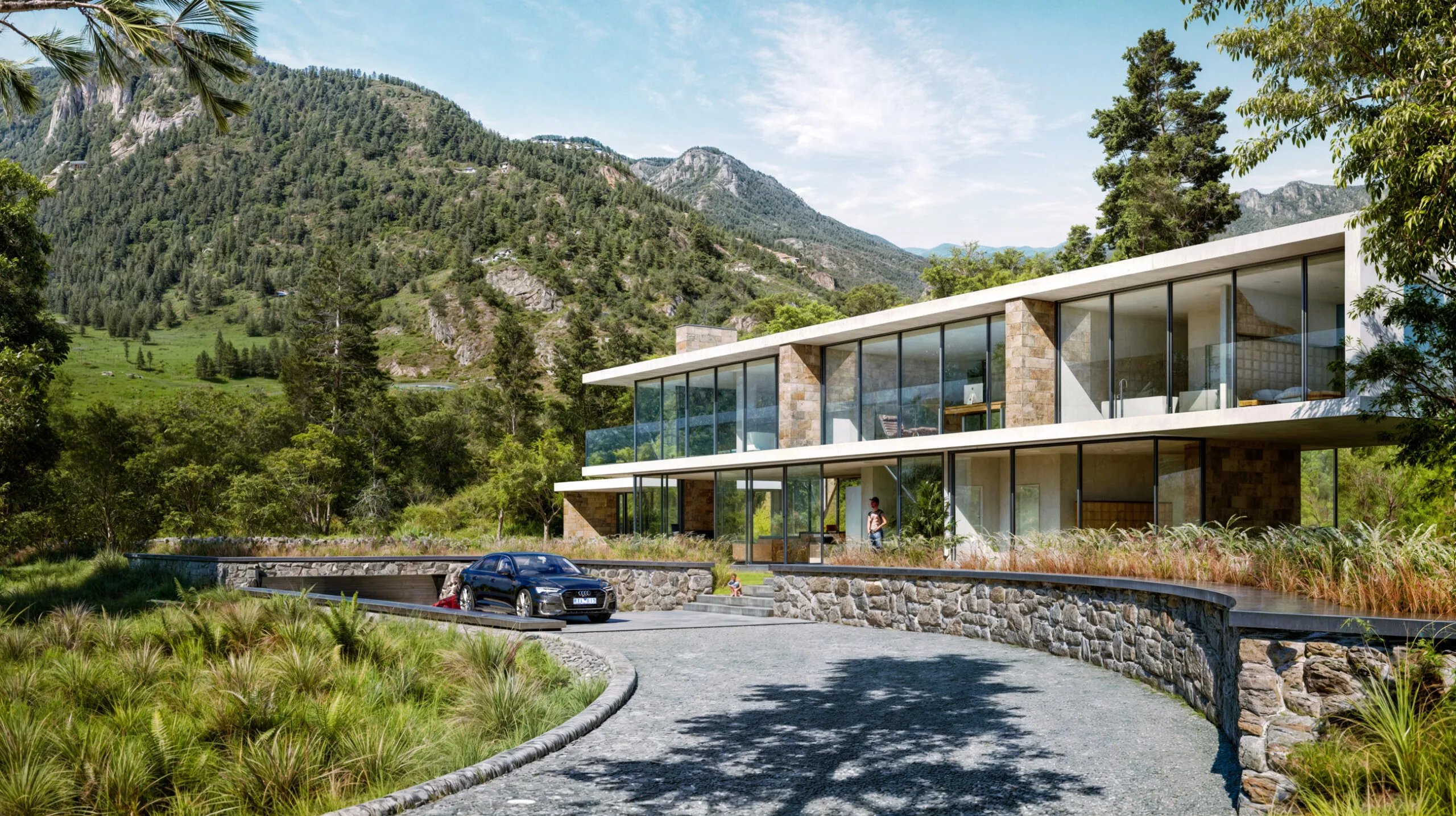 Luxurious alpine villa with floor-to-ceiling glass windows, overlooking a mountainous landscape.