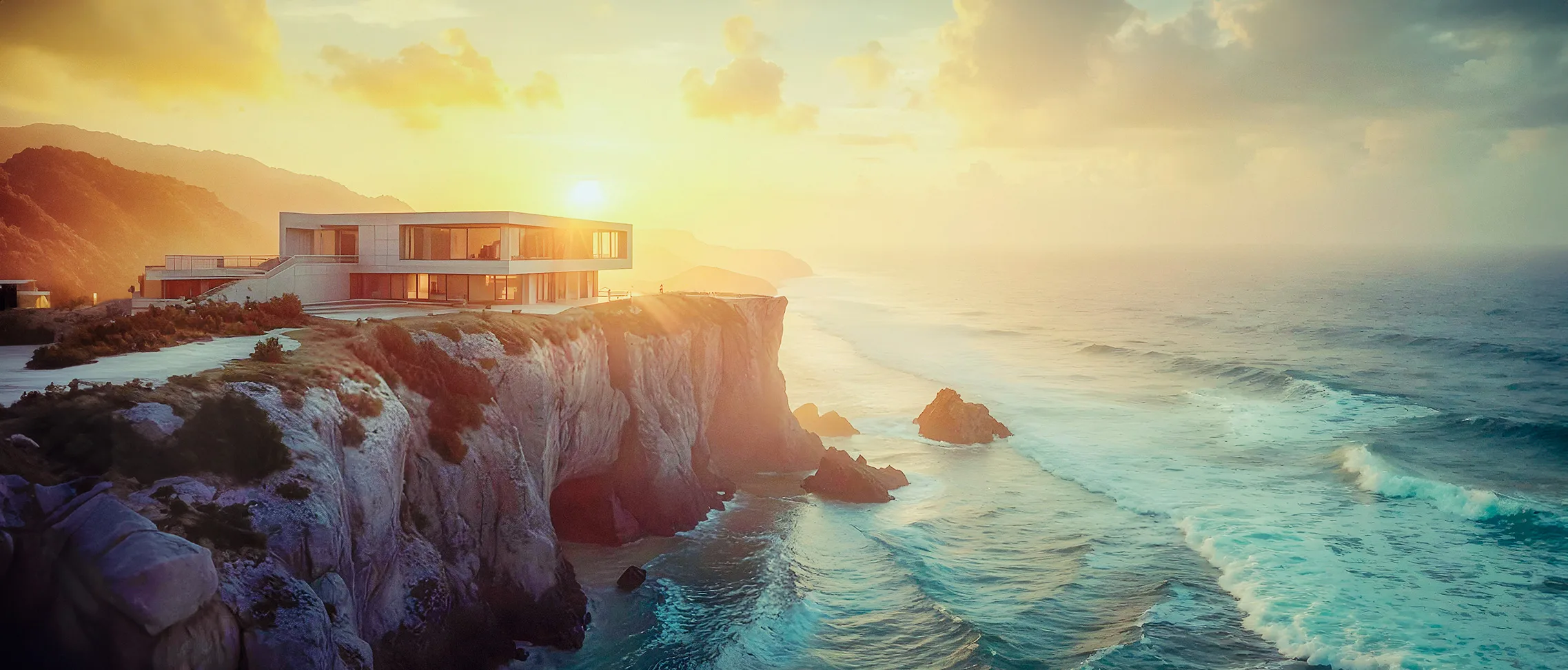 Luxury resort perched on a dramatic ocean cliff, overlooking waves crashing below during a golden sunset.