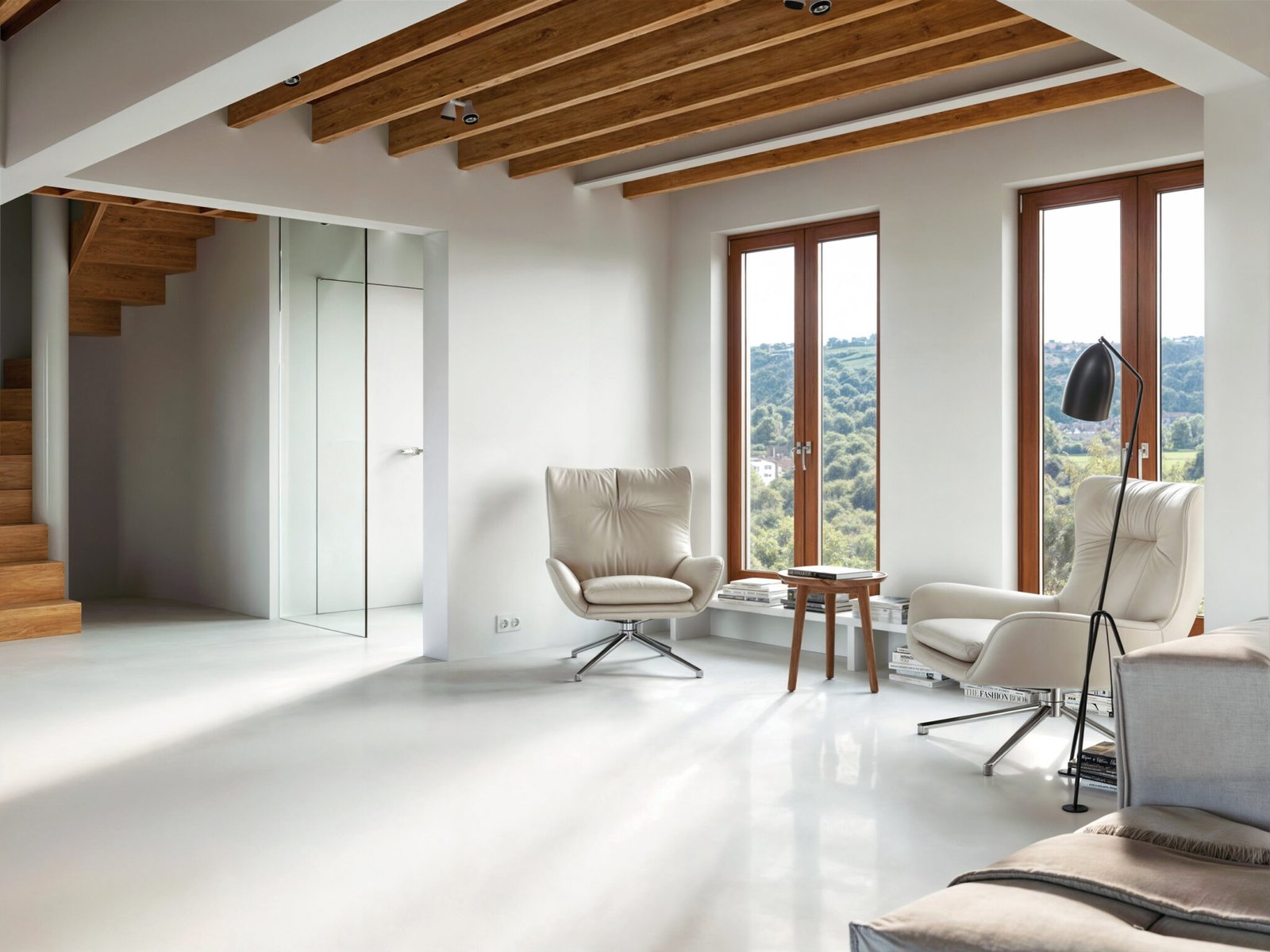Minimalist living room with exposed wooden beams, sleek white flooring, and natural light streaming through large windows.
