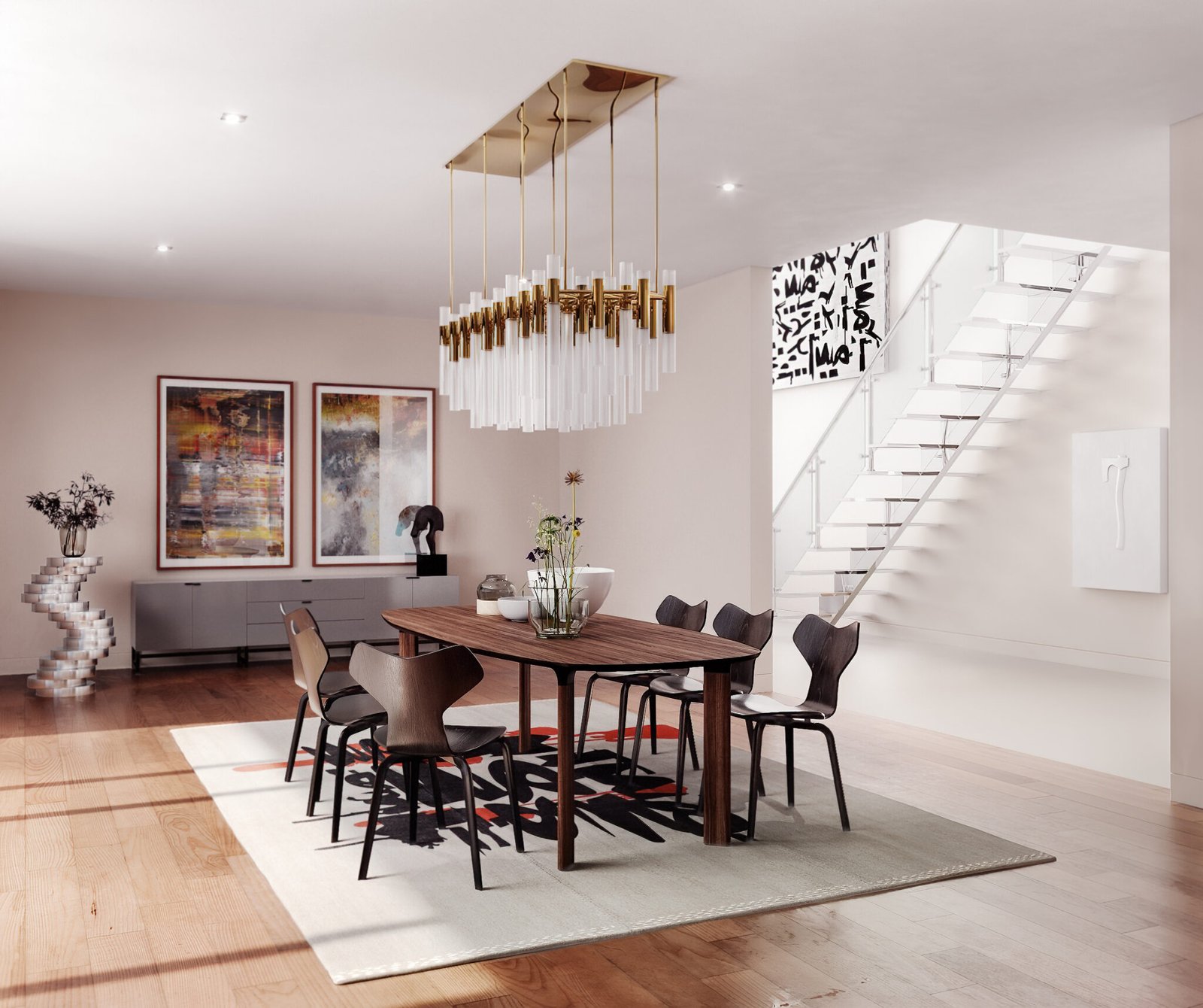 Elegant dining area with a contemporary chandelier, white floating staircase, and a stylish mix of modern and classic design elements.