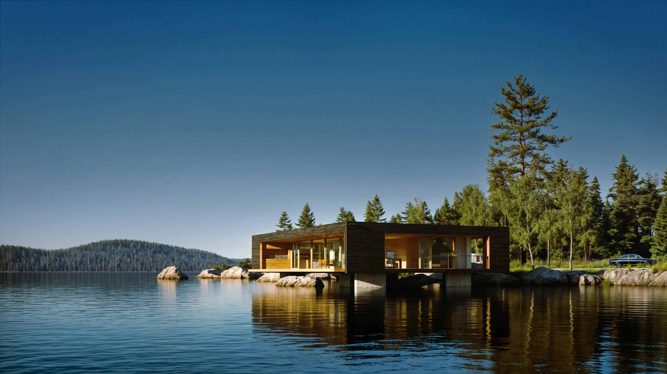 Modern floating house on a tranquil lake surrounded by forested mountains, reflecting on the water.