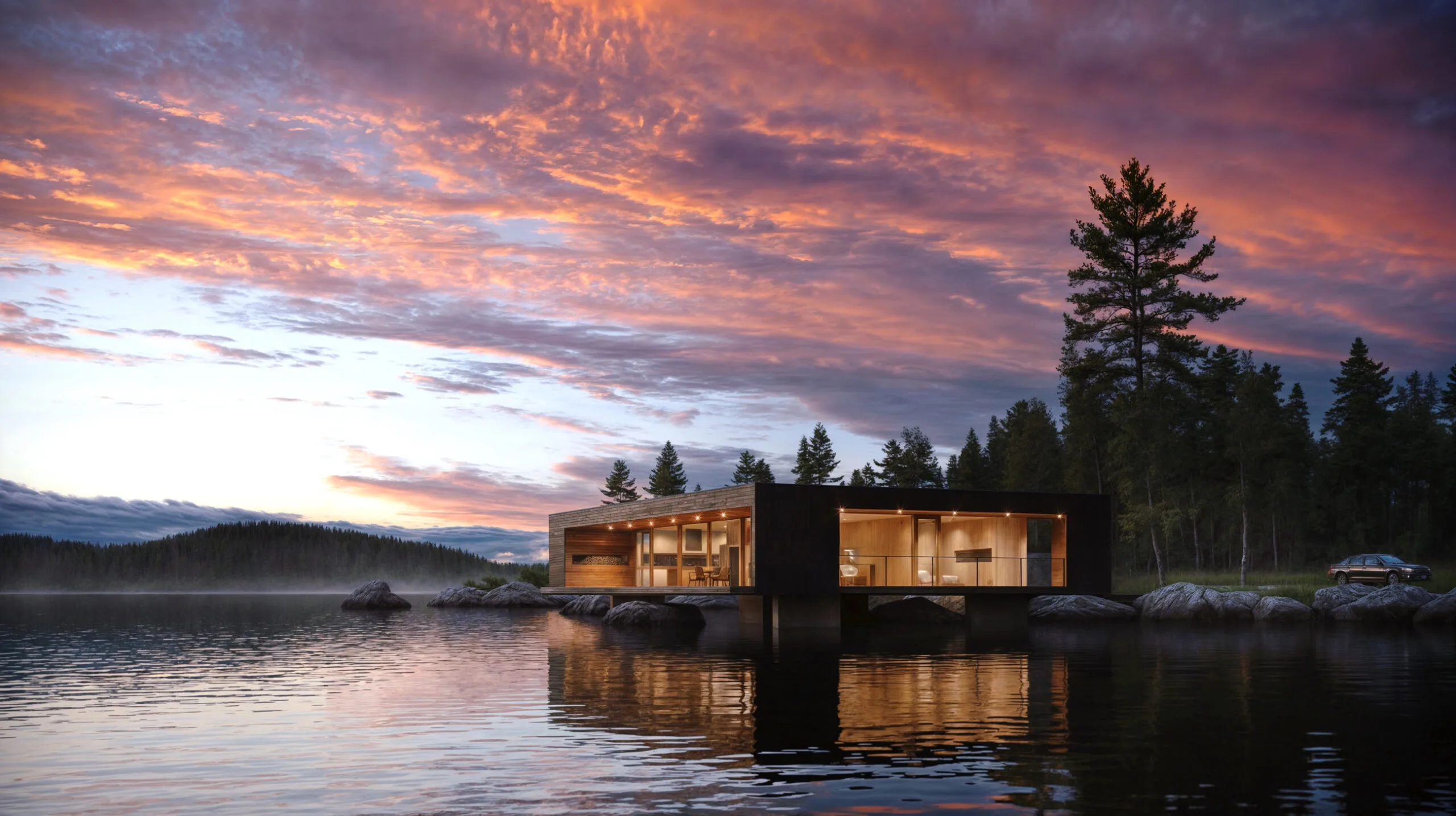 Forest house at sunset, illuminated against a dramatic sky, reflecting warm golden lights on the lake.