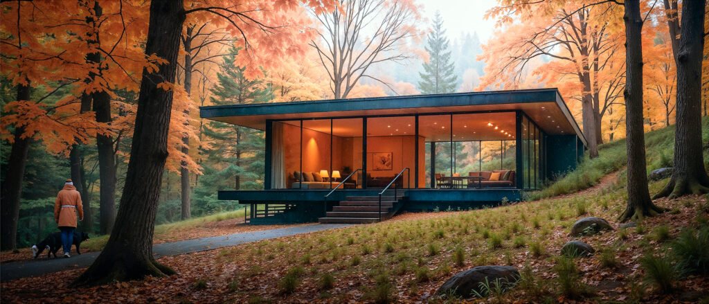 Modern glass house surrounded by autumn foliage, with warm interior lighting blending into the forest setting.