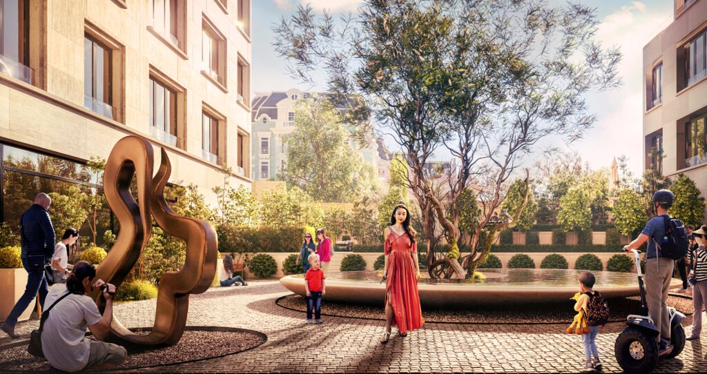 Elegant courtyard in Moscow with classical architecture, lush greenery, and people walking along the pathway.