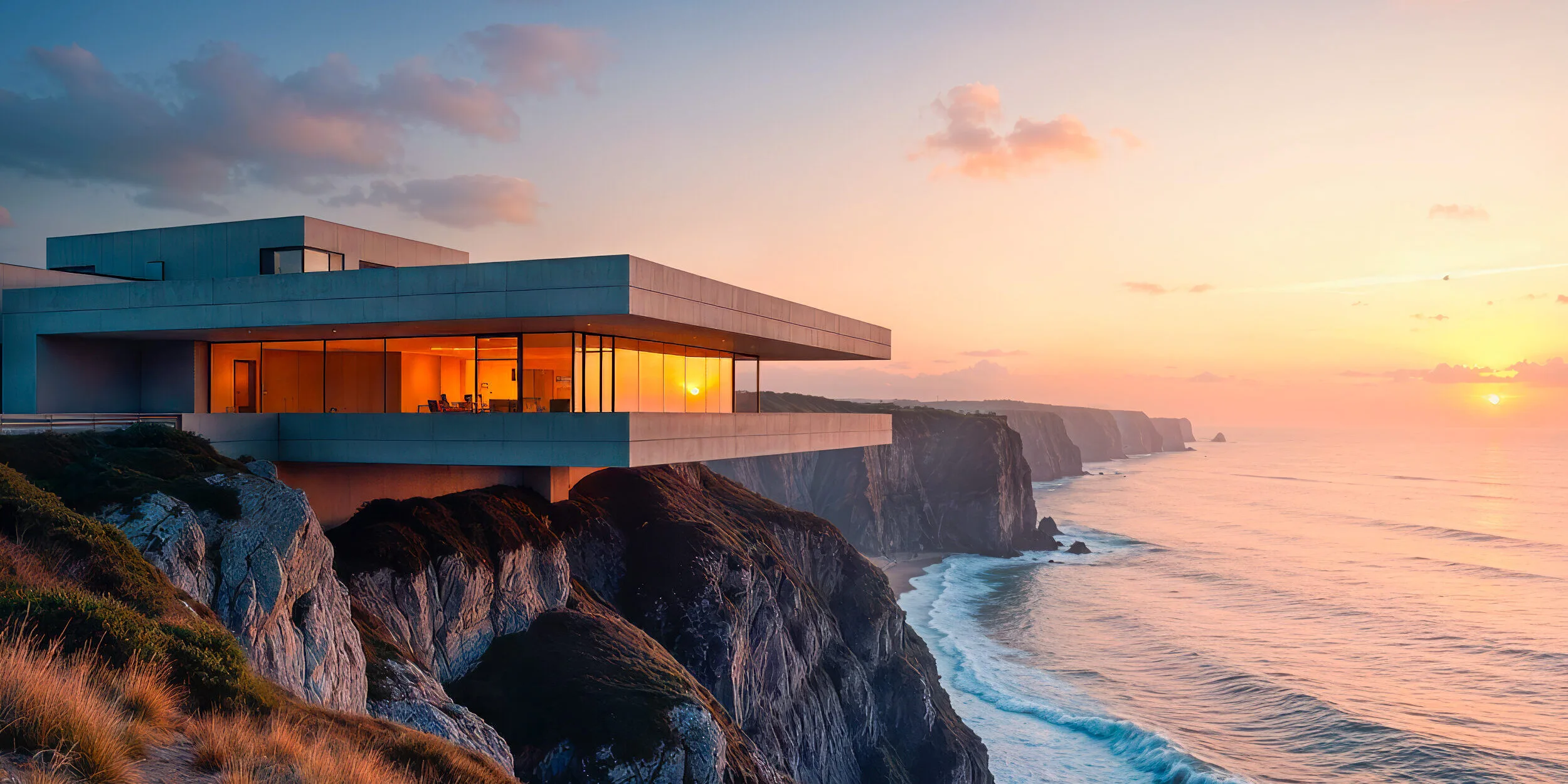 Modern cliffside house extending over the edge, overlooking the ocean at sunset with dramatic coastal views