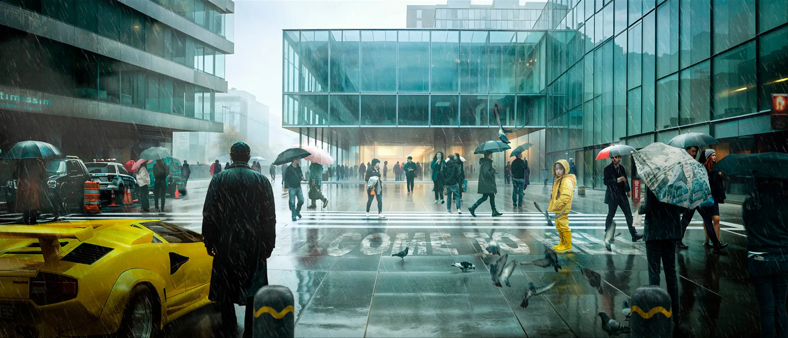 Futuristic cityscape with people in raincoats walking through a glass plaza, reflecting neon lights and a cyberpunk atmosphere.