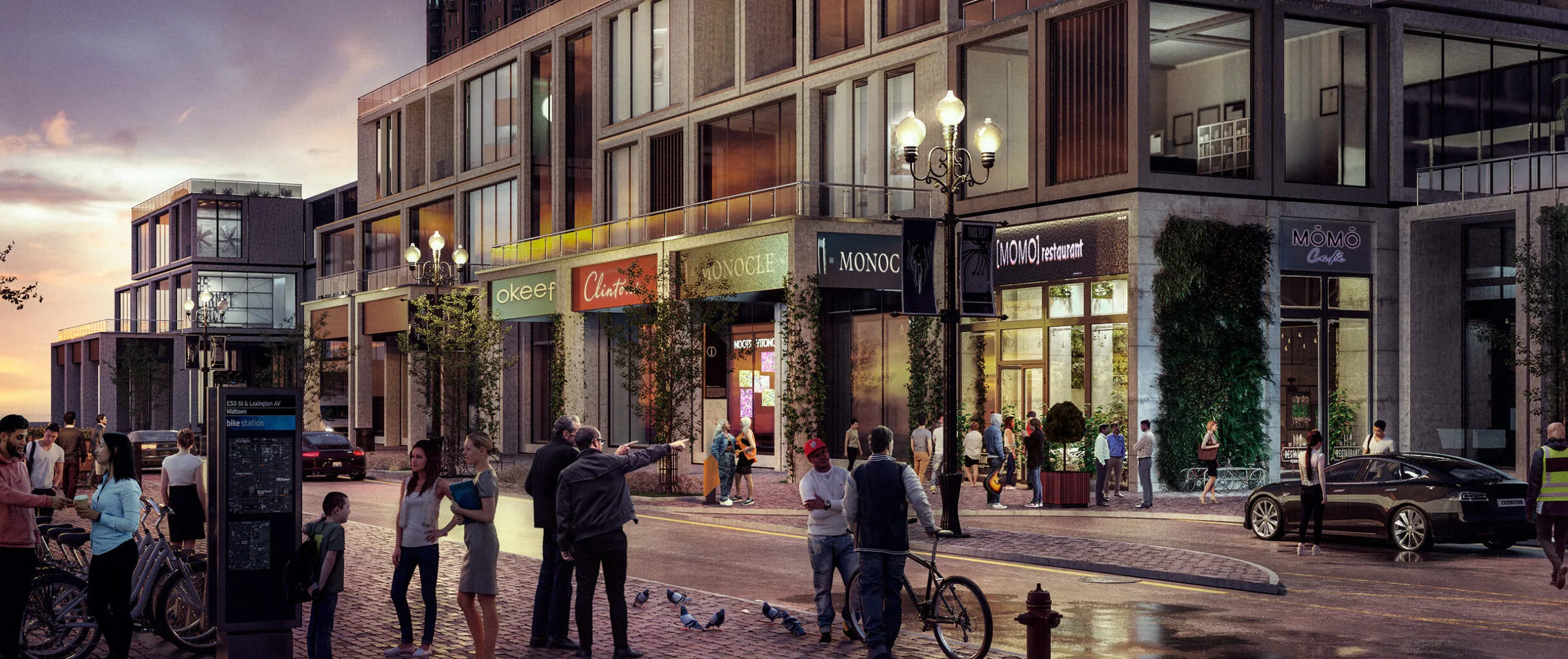Vibrant urban scene with pedestrians crossing a bustling city street lined with shops and cafes.