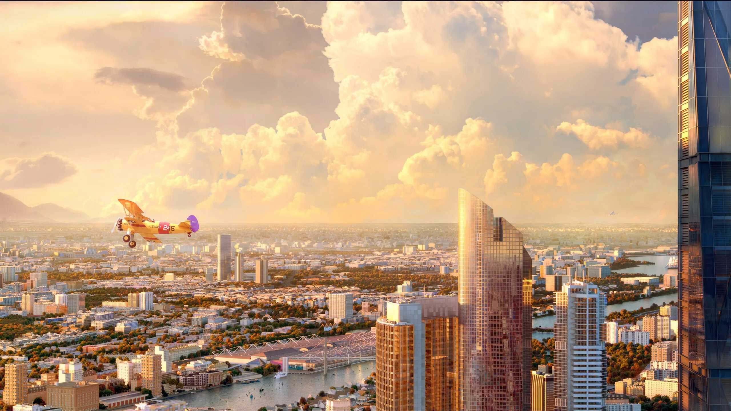 Futuristic city skyline under golden clouds, with an airship floating above towering skyscrapers.