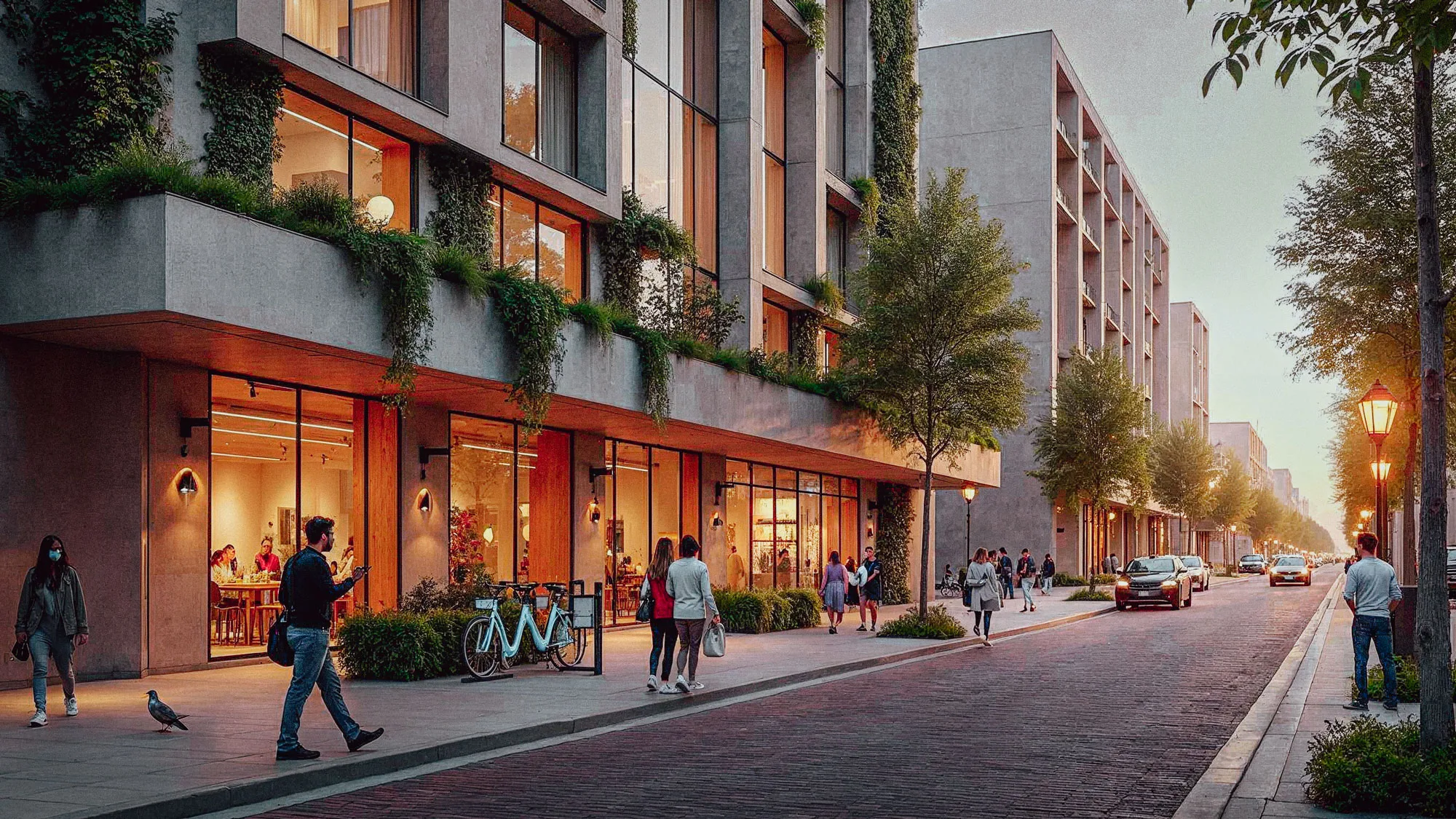 Pedestrians strolling along a modern city street lined with shops, trees, and stylish urban architecture.
