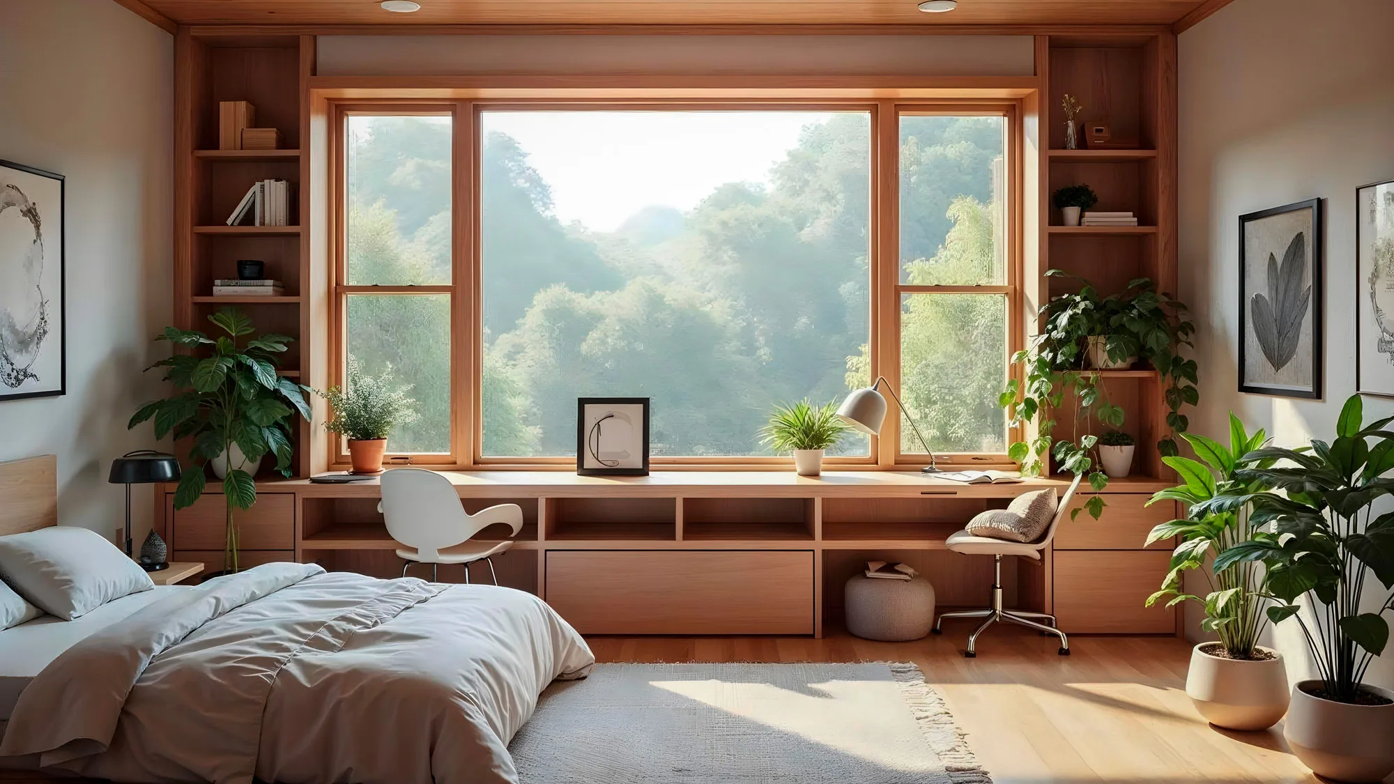 Modern bedroom with a wooden desk and large window offering a lush green outdoor view, designed for comfort and relaxation.