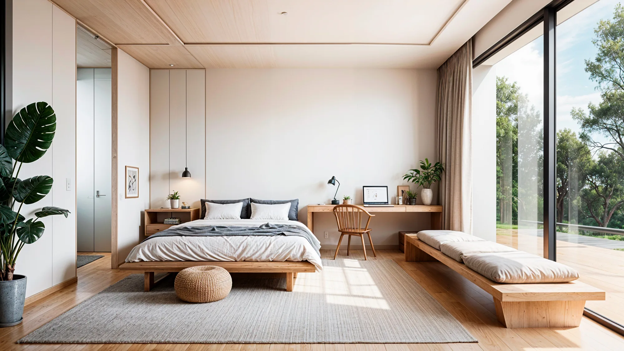 Minimalist bedroom with warm earthy tones, a cozy bed, and natural light streaming through a large window.