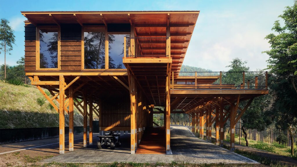Contemporary wooden elevated house with large glass windows, built on stilts among trees.