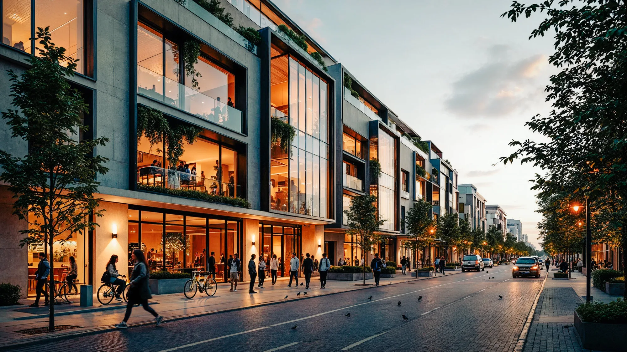 Bustling city avenue at dusk, with people walking past contemporary buildings illuminated by warm streetlights.