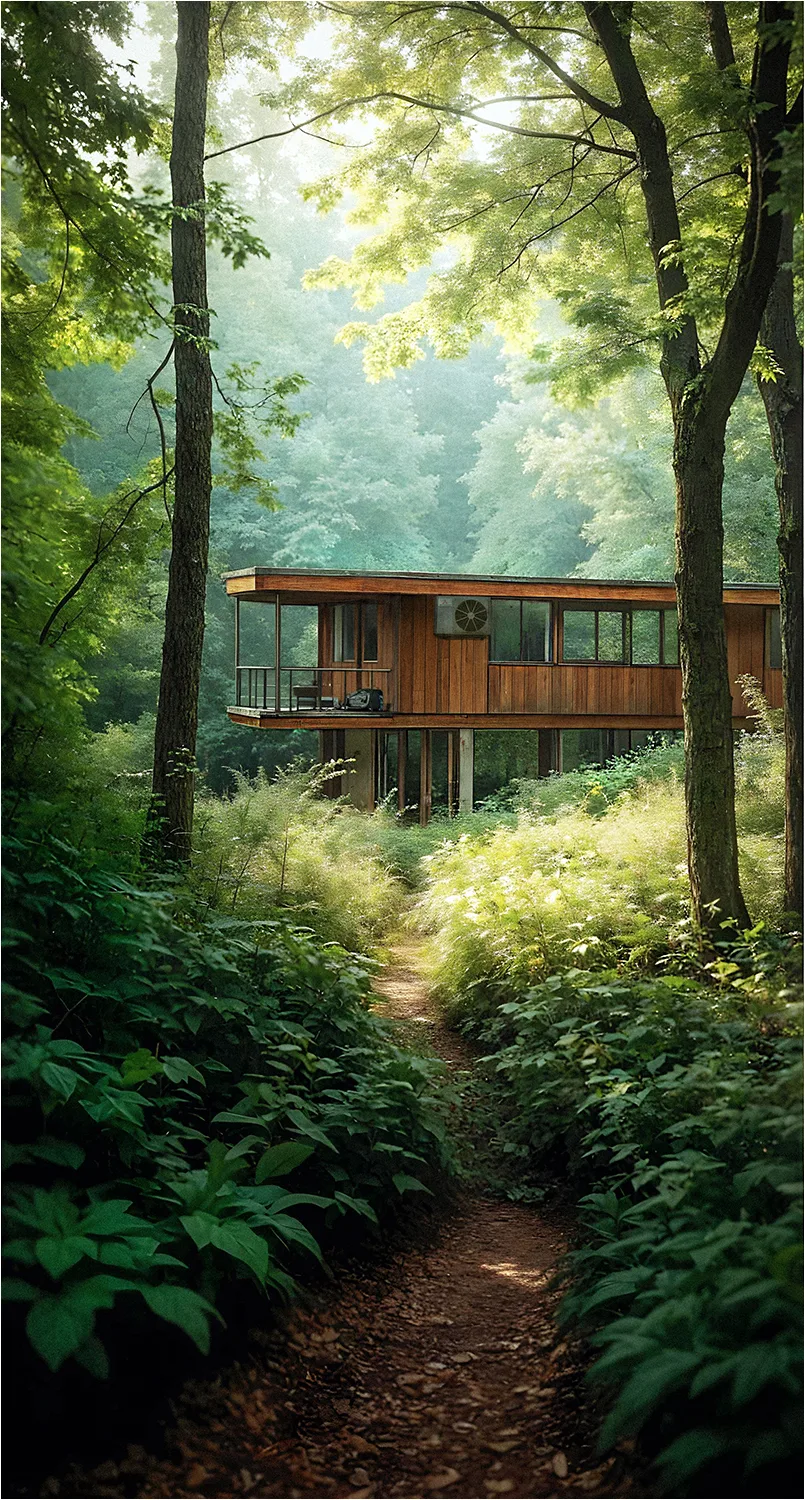 Stylish wooden cabin on stilts, hidden deep within a dense green forest, connected by a winding natural pathway