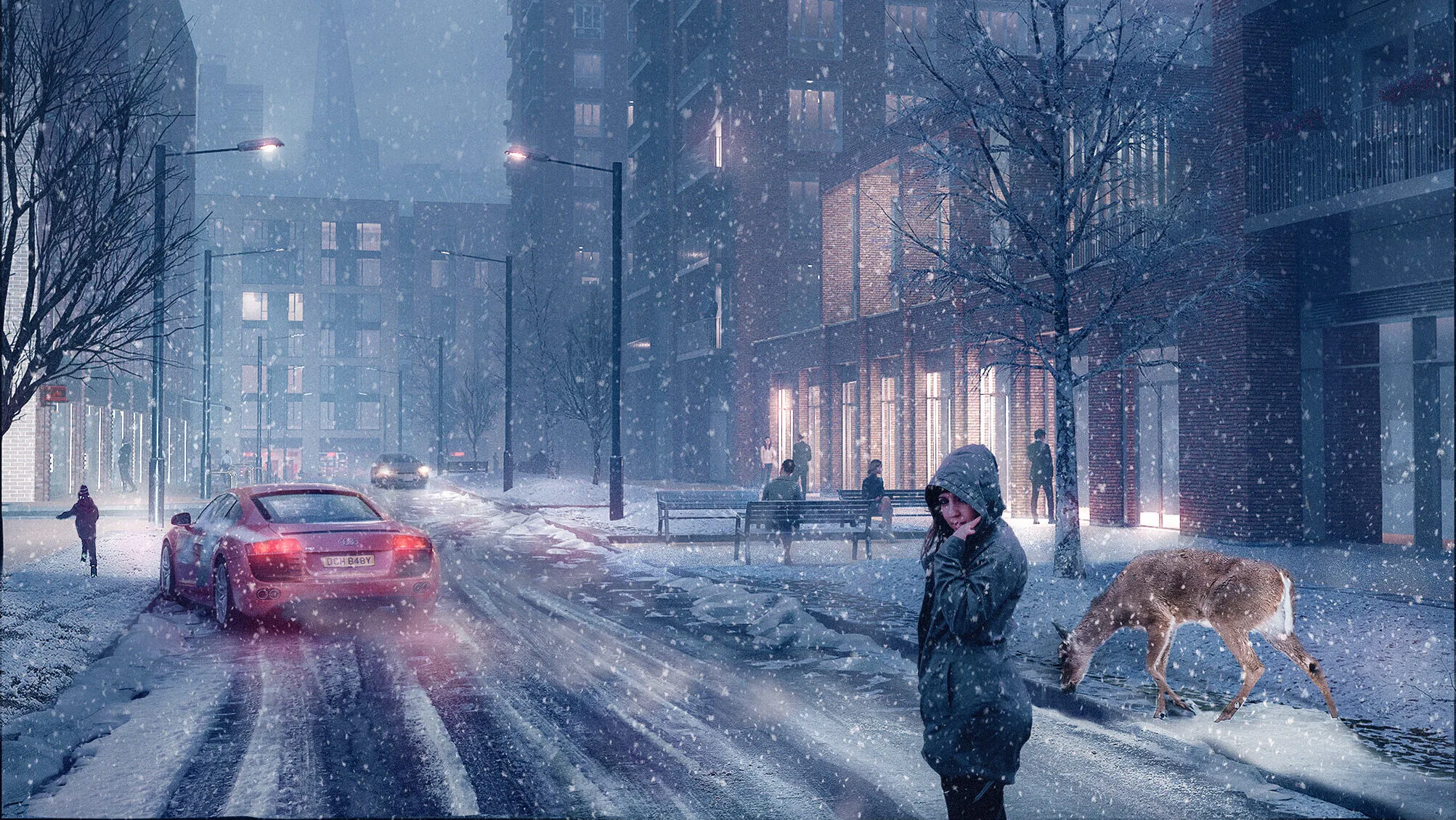 Snowy evening scene in Greenford Quay, Ealing, with a person walking amidst illuminated buildings.