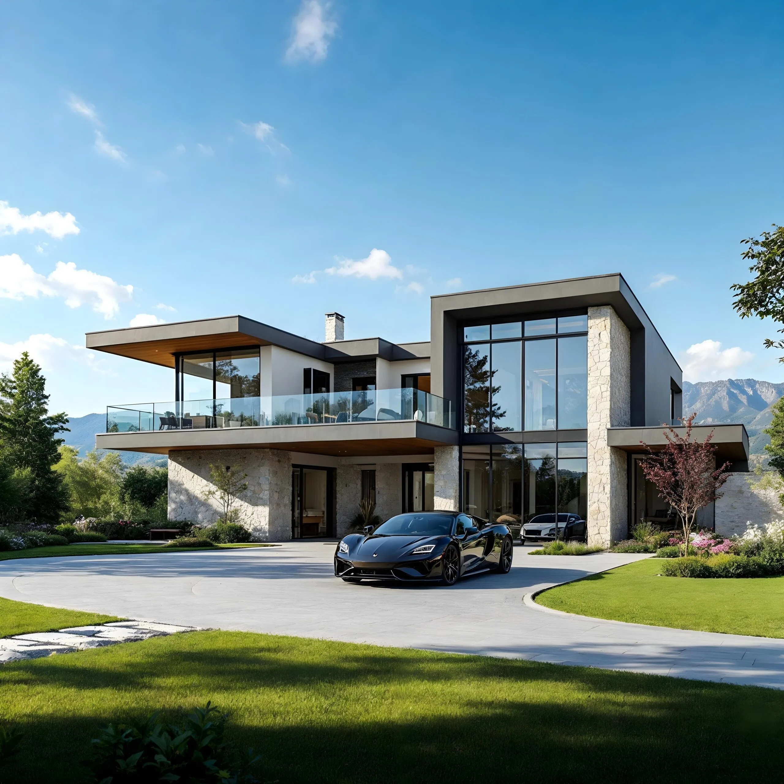 Luxury European villa with a sleek modern design, large glass windows, and a spacious green lawn.