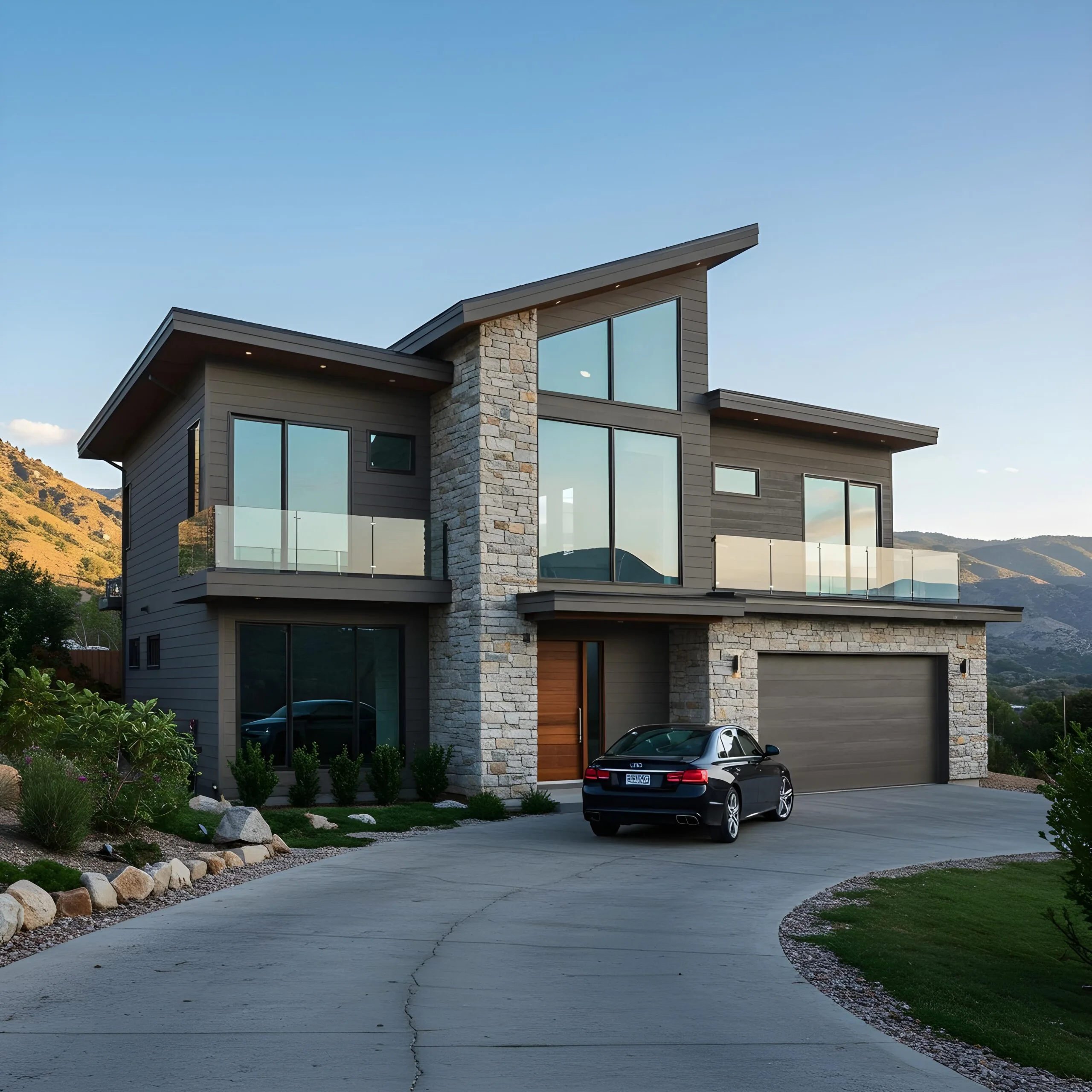 Contemporary European home featuring stone and glass architecture, with a driveway leading to a luxury car.