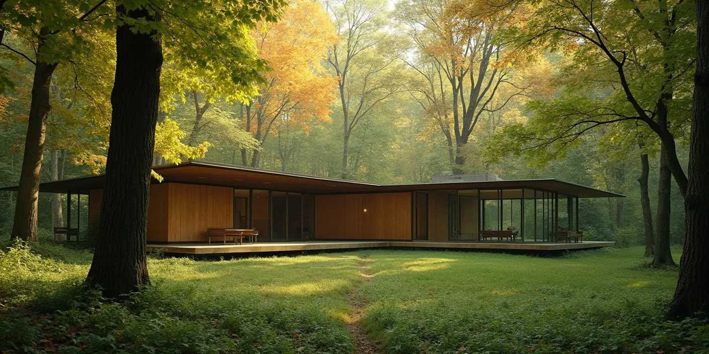 Modern low-profile cabin with wooden architecture, nestled in a sunlit forest clearing surrounded by tall trees.