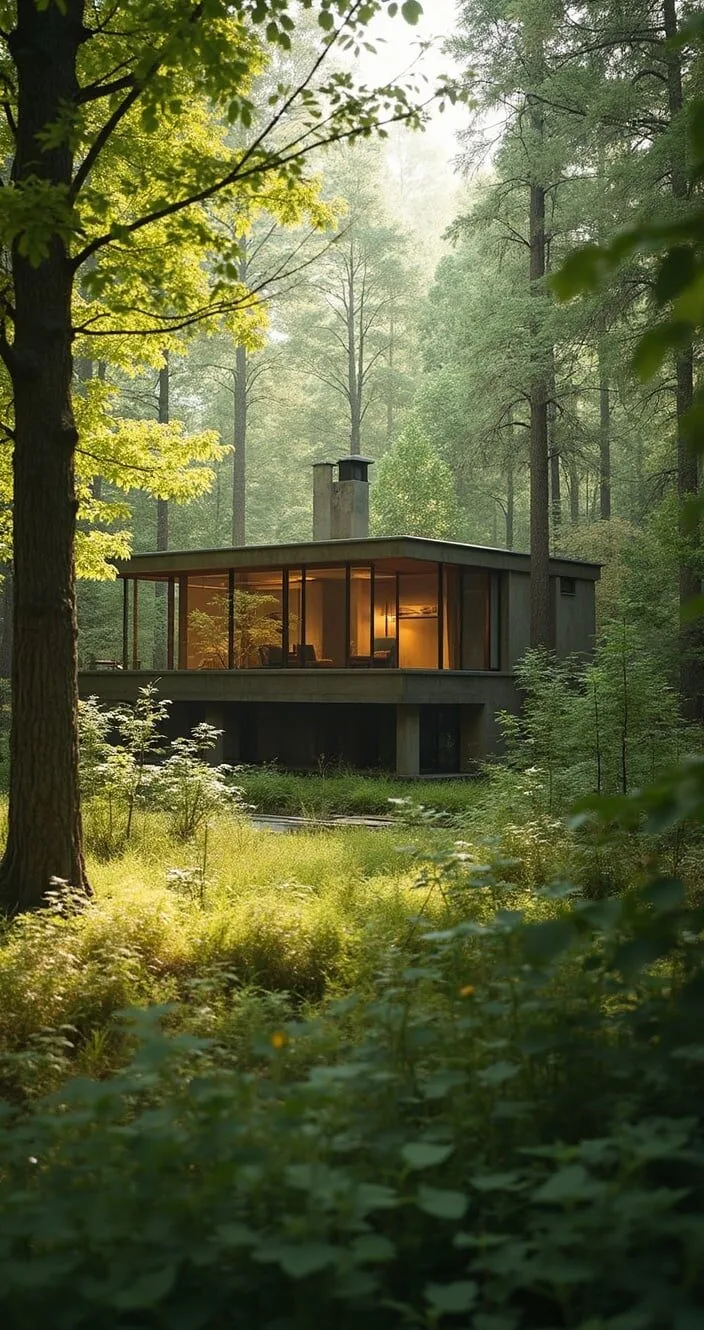 Elevated forest cabin with floor-to-ceiling glass windows, blending seamlessly with the lush green woodland surroundings.