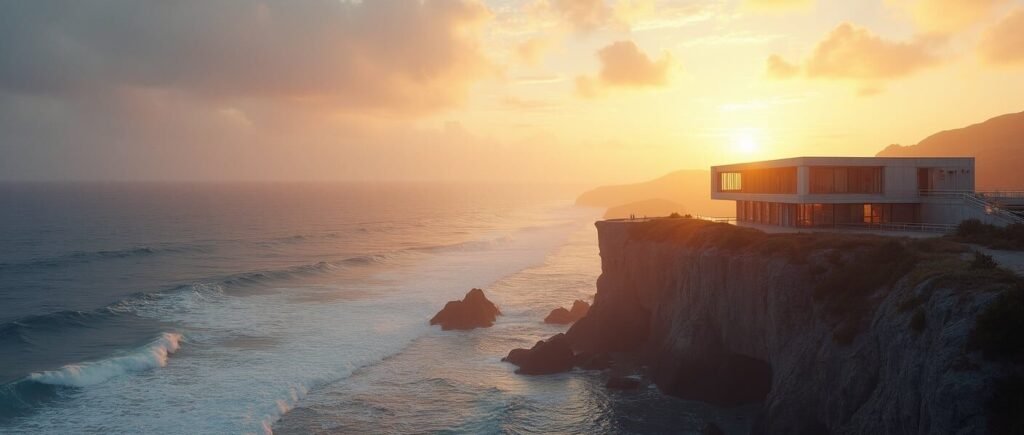 Scenic view of a golden sunset over a rugged coastline, with waves crashing against the cliffs.