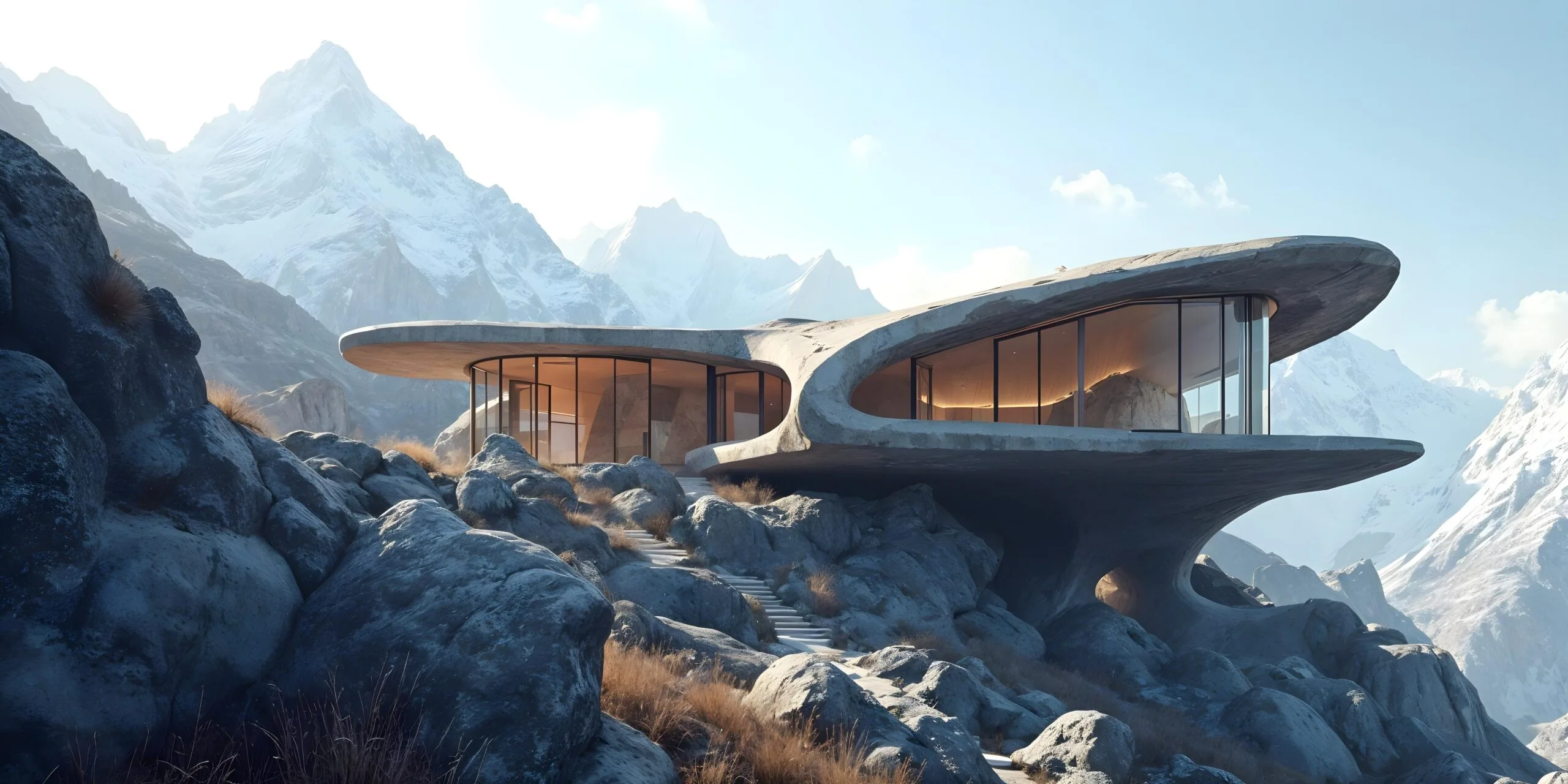Futuristic mountain retreat with a curved roofline, set against a rugged alpine landscape with snow-capped peaks.